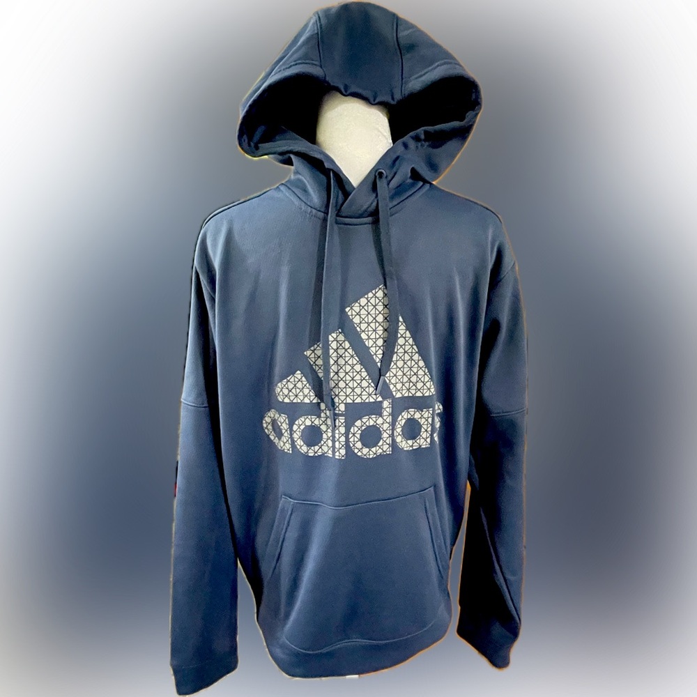 Two Adidas ClimaWarm Pullover Hoodies, Long Sleeve, Red and Blue, Size medium.